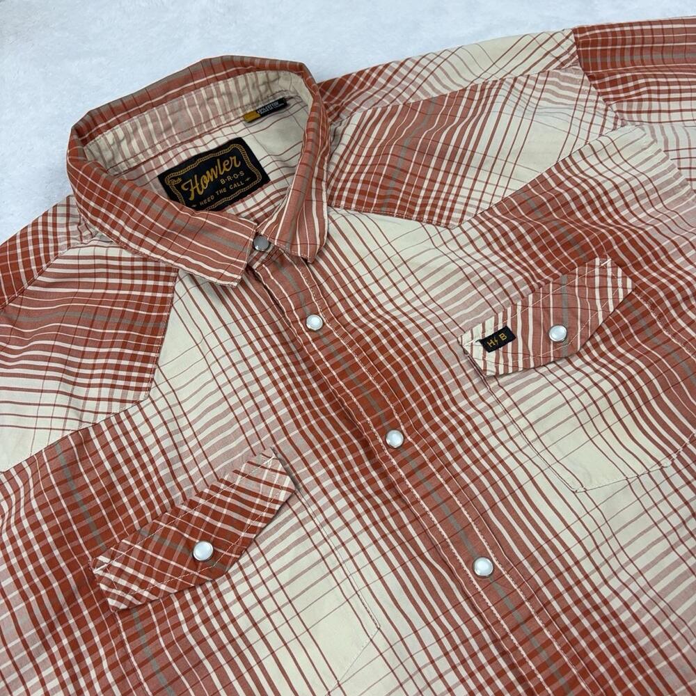 Howler Bros Button Up Shirt Men XXL Orange Plaid Short Sleeve Cotton Polyester